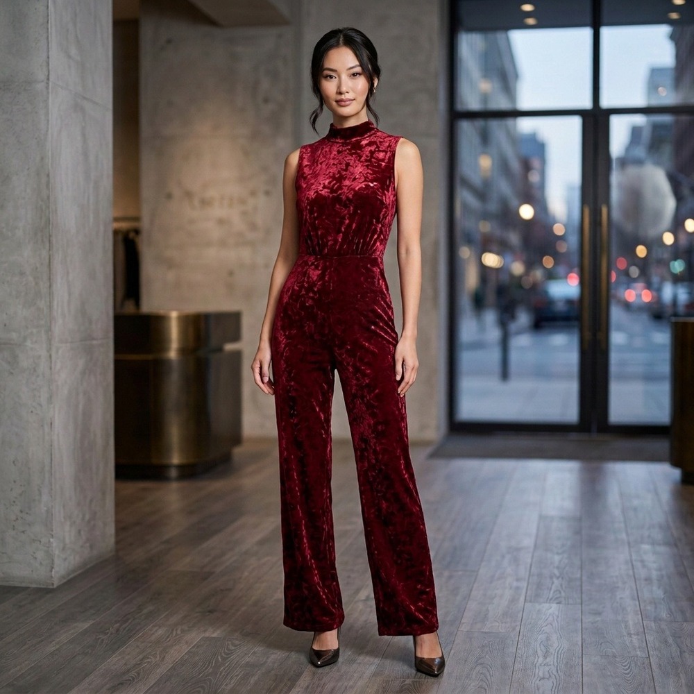 Lulus Micola Red Velvet Jacquard Mock Neck Wide Leg Jumpsuit Womens S NWT